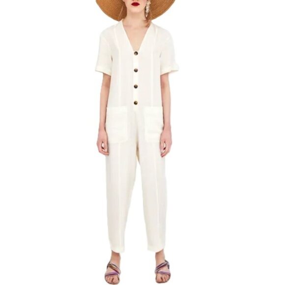 Zara off white buttoned down light comfy jumpsuit utility suit, NWOT - Picture 1 of 12